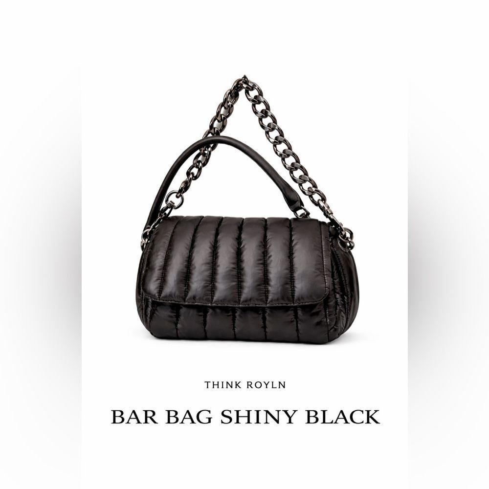 NWOT Think Royln Bar Bag Shiny Black Quilted Puffer Chain Shoulder Crossbody
